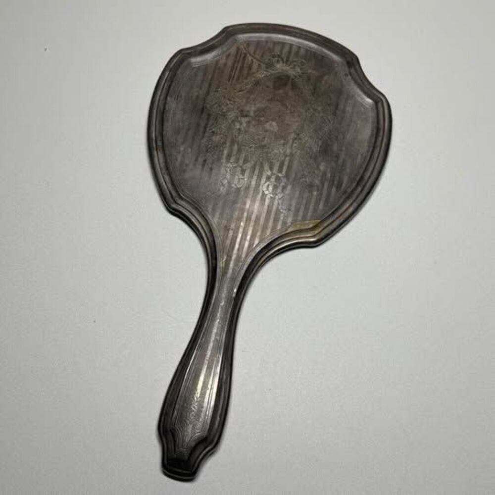 Vintage Silverplate Hand Mirror Etched Floral Vanity Mirror Art Deco Style 10"